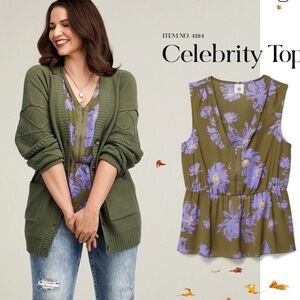 CAbi Celebrity Floral Print V-Neck Sleeveless Peplum Top
